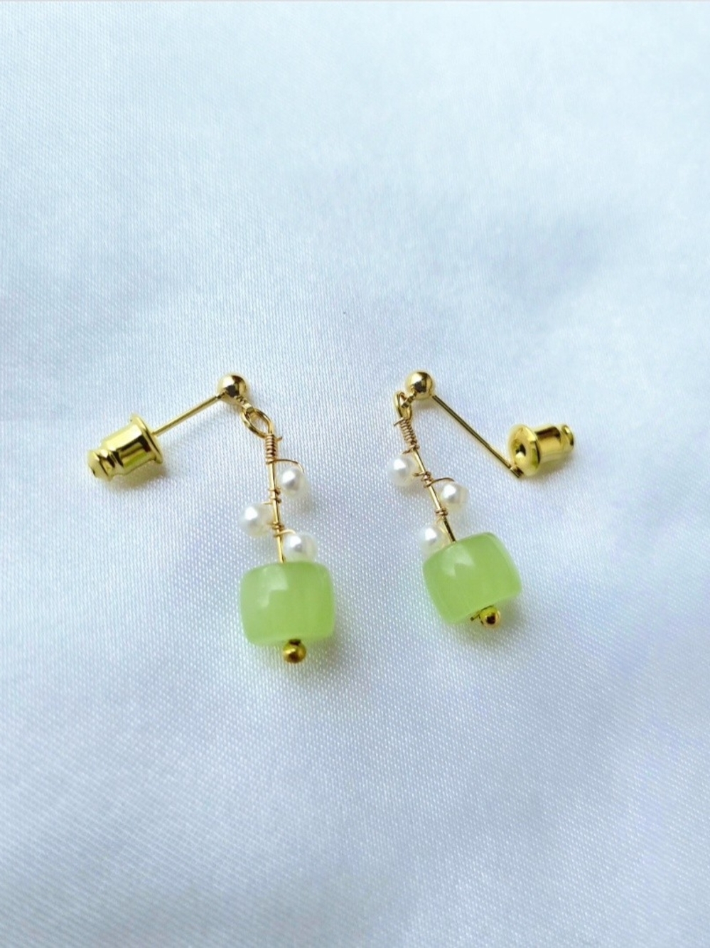 Gold-Plated Green Jade Drop Earrings with‎ Pearl Accents